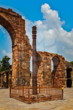 Iron pillar in Qutub complex - metallurgical curiosity.  Qutub Complex, Delhi, India