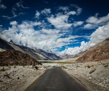 Road in Himalayan landscape in Nubra valley in Himalayas. Ladakh, India