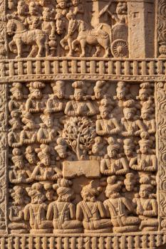 Gateway decoration bas relief of Great Stupa - ancient Buddhist monument. Sanchi, Madhya Pradesh, India