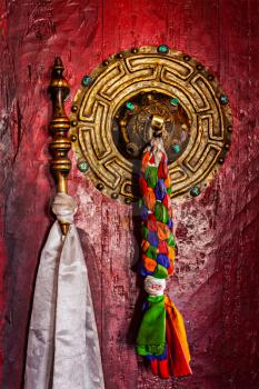 Door handle of gate door of gompa - Tibetan Buddhist monastery. Diskit, Nubra valley, Ladakh, India