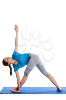 Yoga - young beautiful woman  yoga instructor doing Revolved Triangle asana pose (Parivrtta Trikonasana) exercise isolated on white background