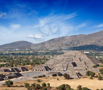 Famous Mexico landmark tourist attraction - Pyramid of the Moon, view from the Pyramid of the Sun. Teotihuacan, Mexico