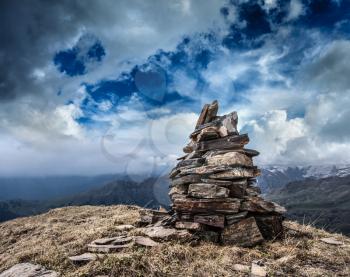 Stone cairn in Himalayas mountains