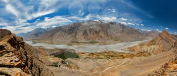 Aerial panorama of Spiti valley and Key gompa in Himalayas. Spiti valley, Himachal Pradesh, India