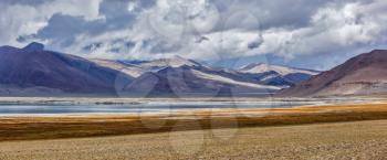 Panorama of Tso Kar - fluctuating salt lake in Himalayas. Rapshu,  Ladakh, Jammu and Kashmir, India