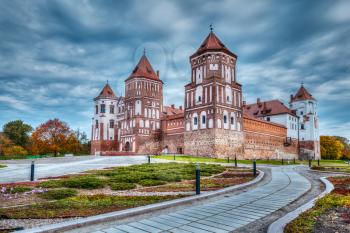 High dynamic range hdr image of medieval Mir castle famous landmark in town Mir, Belarus