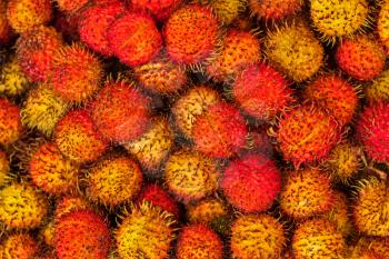 Tropical fruit rambutan close up in Cambodian market