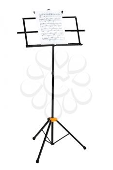 Music stand with piano notes isolated on white background