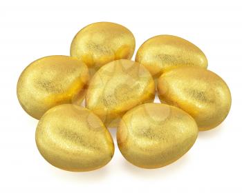 Several golden Easter eggs isolated on white background