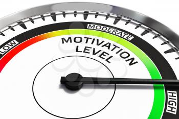 Motivation level concept - gauge gage dial close up with arrow measuring high motivation