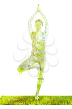 Nature harmony healthy lifestyle concept - double exposure image of  woman doing yoga Tree pose asana Vrikshasana exercise isolated on white background