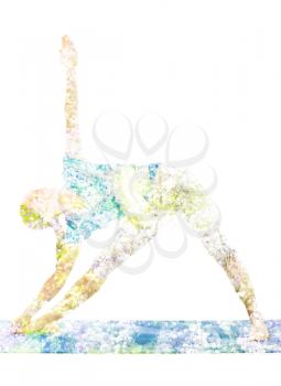 Nature harmony healthy lifestyle concept. Double exposure image of  woman doing yoga asana Triangle asana pose utthita trikonasana in ashtanga vinyasa style exercise isolated on white background