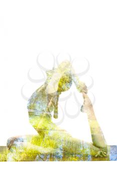 Nature harmony healthy lifestyle concept - double exposure image of  woman doing yoga asana King Pigeon Pose Raja Kapotasana exercise isolated on white background