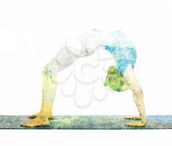 Nature harmony healthy lifestyle concept - double exposure image of  woman doing yoga asana Upward Bow Pose intense backbend. Urdhva dhanurasana asana exercise isolated