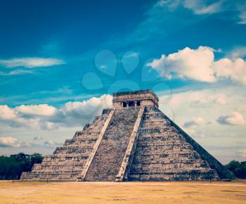 Vintage retro effect filtered hipster style image of famous mexican landmark - anicent mayan pyramid in Chichen-Itza, Mexico