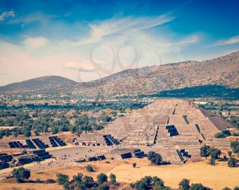 Vintage retro effect filtered hipster style image of famous Mexico landmark tourist attraction - Pyramid of the Moon, view from the Pyramid of the Sun. Teotihuacan, Mexico