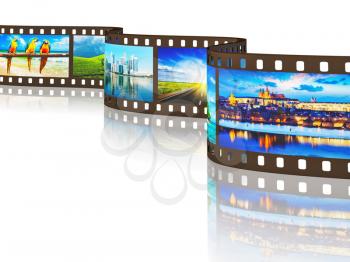 Global travel world countries concept - photo film with travel images with reflection on white background