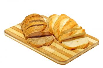 Slices of fresh bread on a cutting board isolated on white background.
