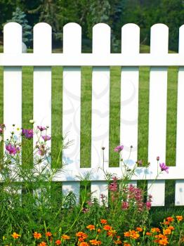 White fence on green grass and flowers taken closeup.