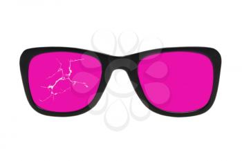 Broken pink glasses in black frame isolated on white background.