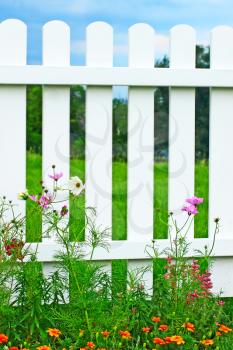 White fence on green grass with flowers.