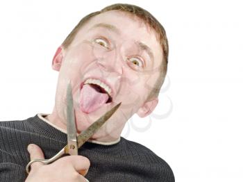 The crazy man with scissors cuts off itself tongue on white background.