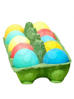 Multicolored easter eggs in a green pot isolated on white background.