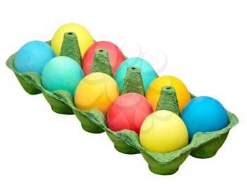Multicolored easter eggs arranged in a pot isolated on white background.