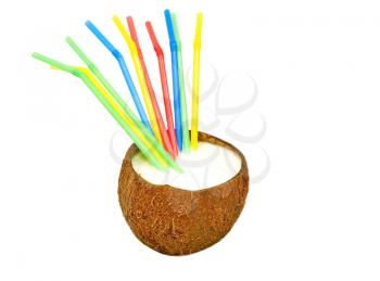 Coconut with milk- shake and  multicolored cocktail straws isolated on white background. 