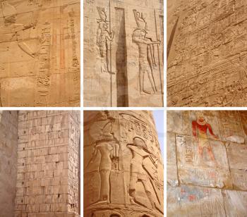 Set of ancient Egyptian images and inscriptions on old walls in the Karnak temple.