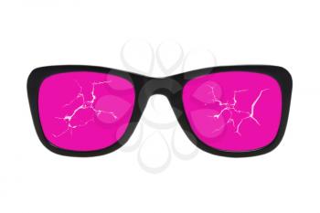 Cracked pink glasses isolated on a white background.