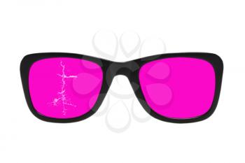 Cracked pink glasses in black frame isolated on white background.