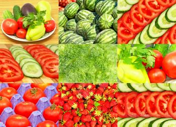 Fresh vegetables and ripe strawberryes collage.