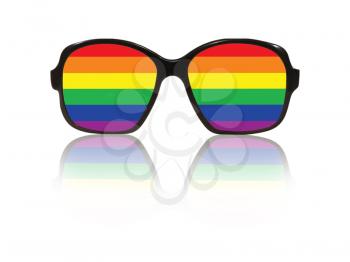 Glasses frame and gay pride flag inside with reflection on white background.