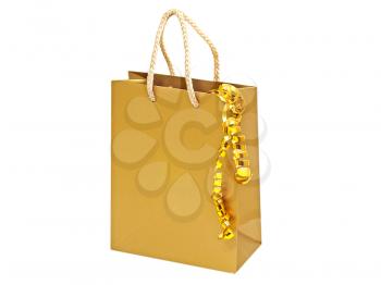 Golden gift bag and decorative golden tape isolated on white background.