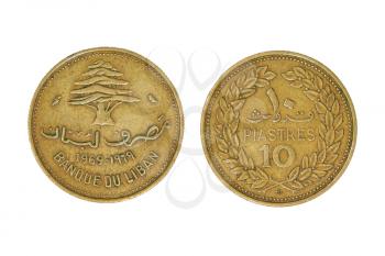 Ten lebanese piastres monet taken closeup isolated on white background.