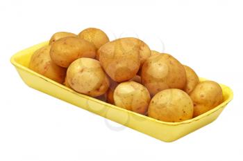 Pot of potatoes isolated on white background.