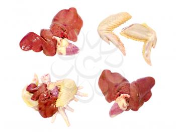 Set of uncooked poultry offal isolated on white background.