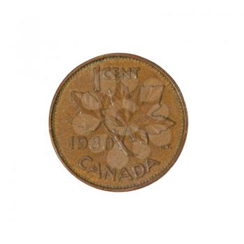Canadian one cent monet isolated on a white background.