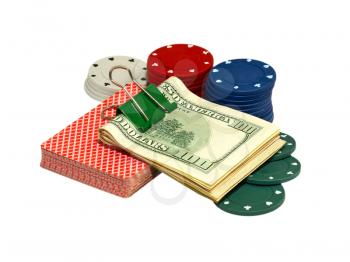 Casino chips,play cards and dollars pack isolated on white background.