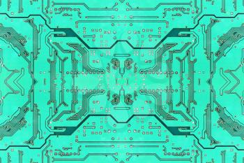Green symmetrical electronic microcircuit taken closeup suitable as background.
