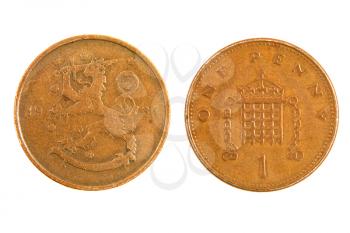 Old Finnish monet one penny isolated on white background.