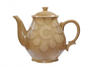 Old ceramic jug taken closeup isolated on white background.