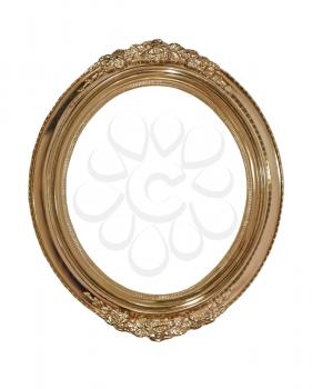 Golden oval photo frame isolated on white background. 