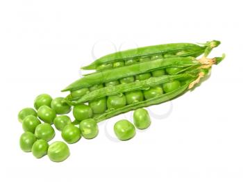 Green peas taken closeup on white background.