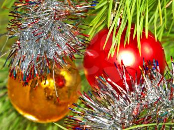 Two Colorful Christmas Balls on a pine branch taken closeup.