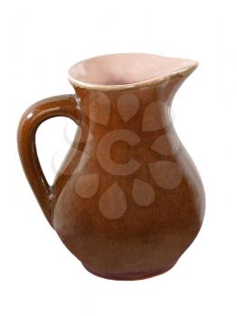 Brown ceramic jug taken closeup isolated on white background.