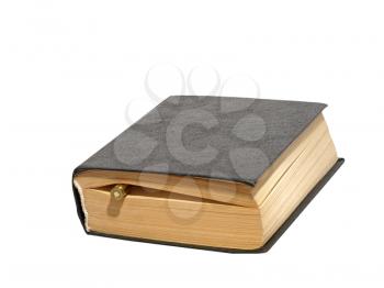 The detective novel with a bullet as bookmark isolated on a white background.