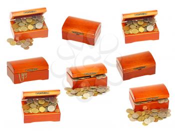 Set of old wooden treasure casket with money isolated on white background. 