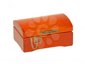 Jewlery wooden chest with golden chain isolated on white background.